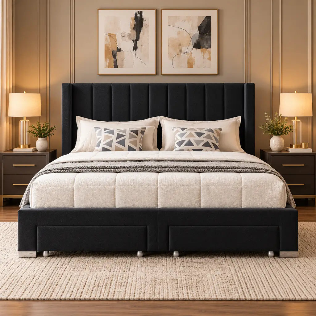 Black Velvet Wingback Storage Bed with Chrome Legs