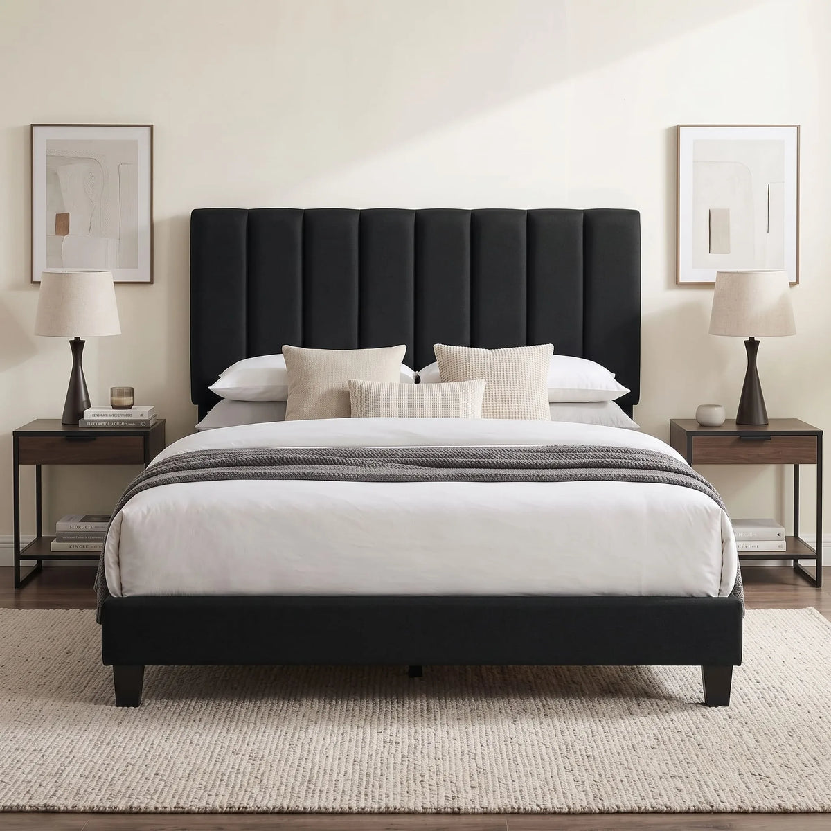 Vertical Channel Velvet Platform Bed