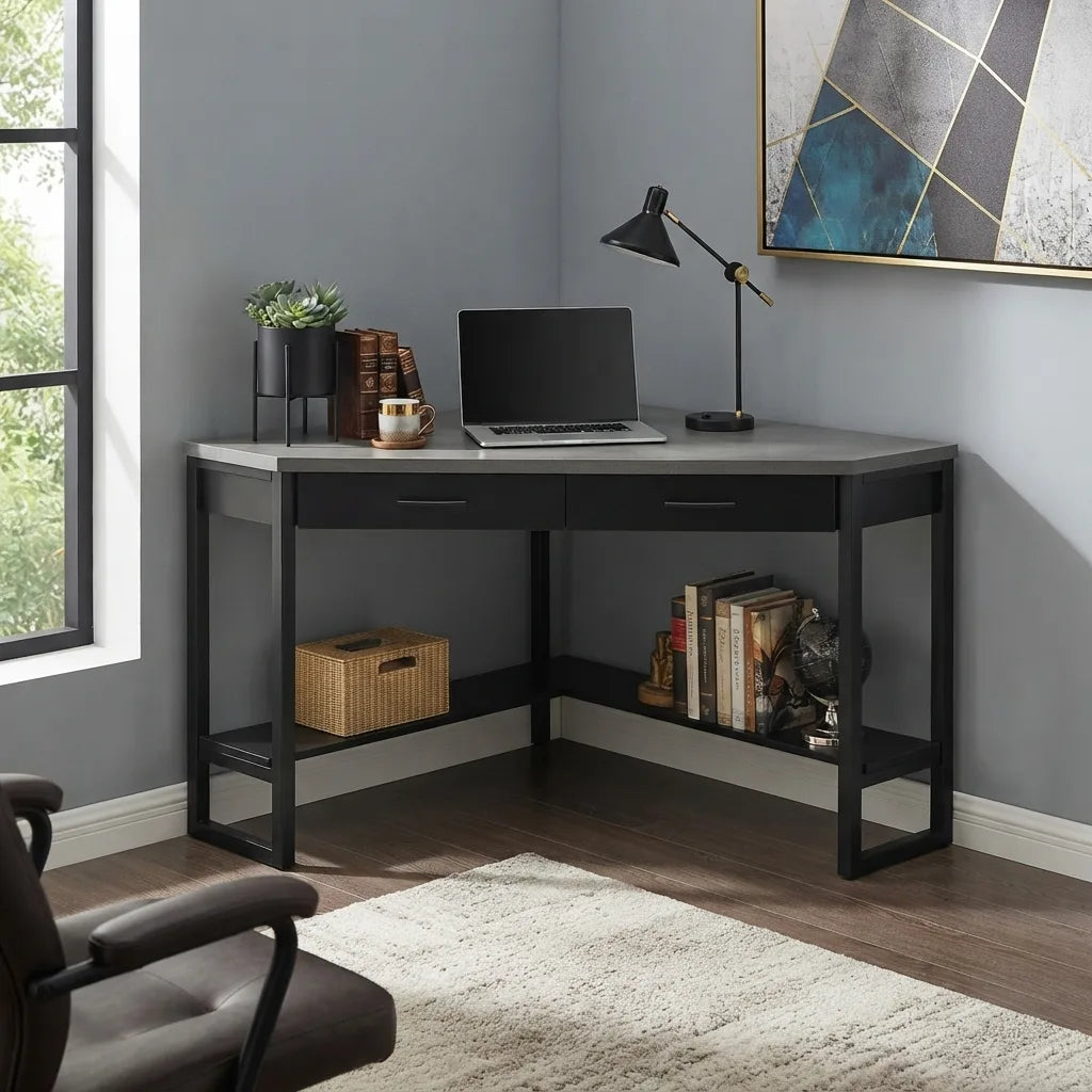 Space saving grey corner writing desk with drawer and laptop space