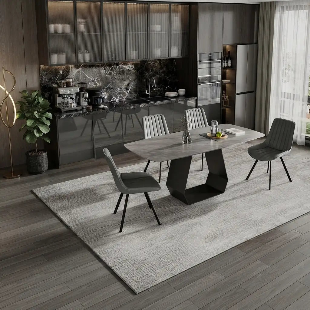 7-Piece Marble-Look Sintered Stone Dining Set featuring a rectangular grey table with a black pedestal base and velvet chairs in a modern dining room