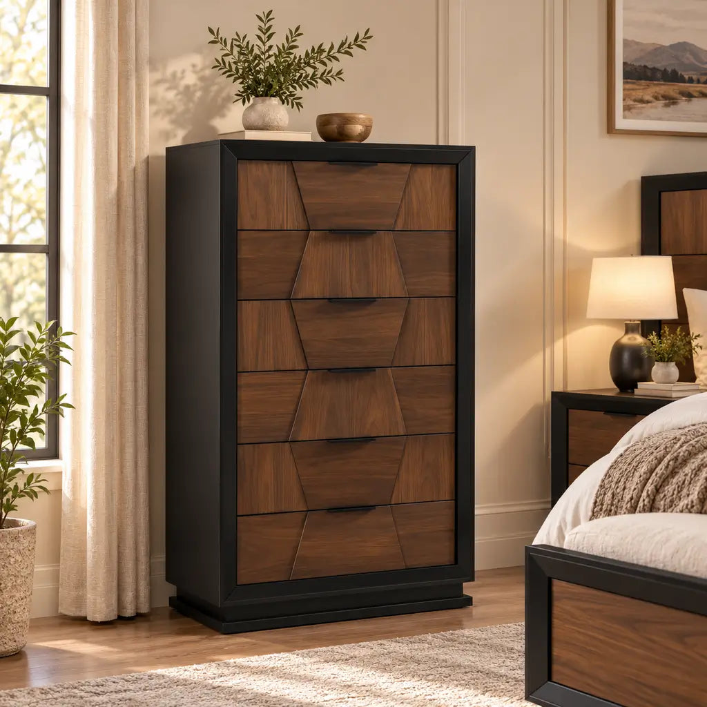 6-drawer dresser and matching mirror with geometric block-patterned drawer fronts