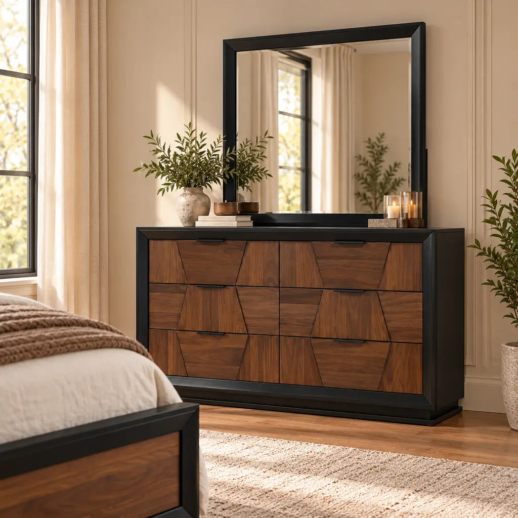 Walnut wood bedside nightstand with block-patterned drawer front and dark hardware