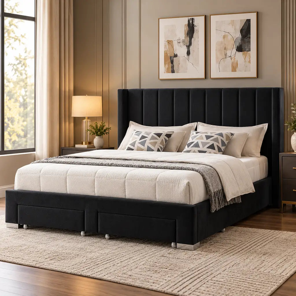 Black Velvet Wingback Storage Bed with Chrome Legs