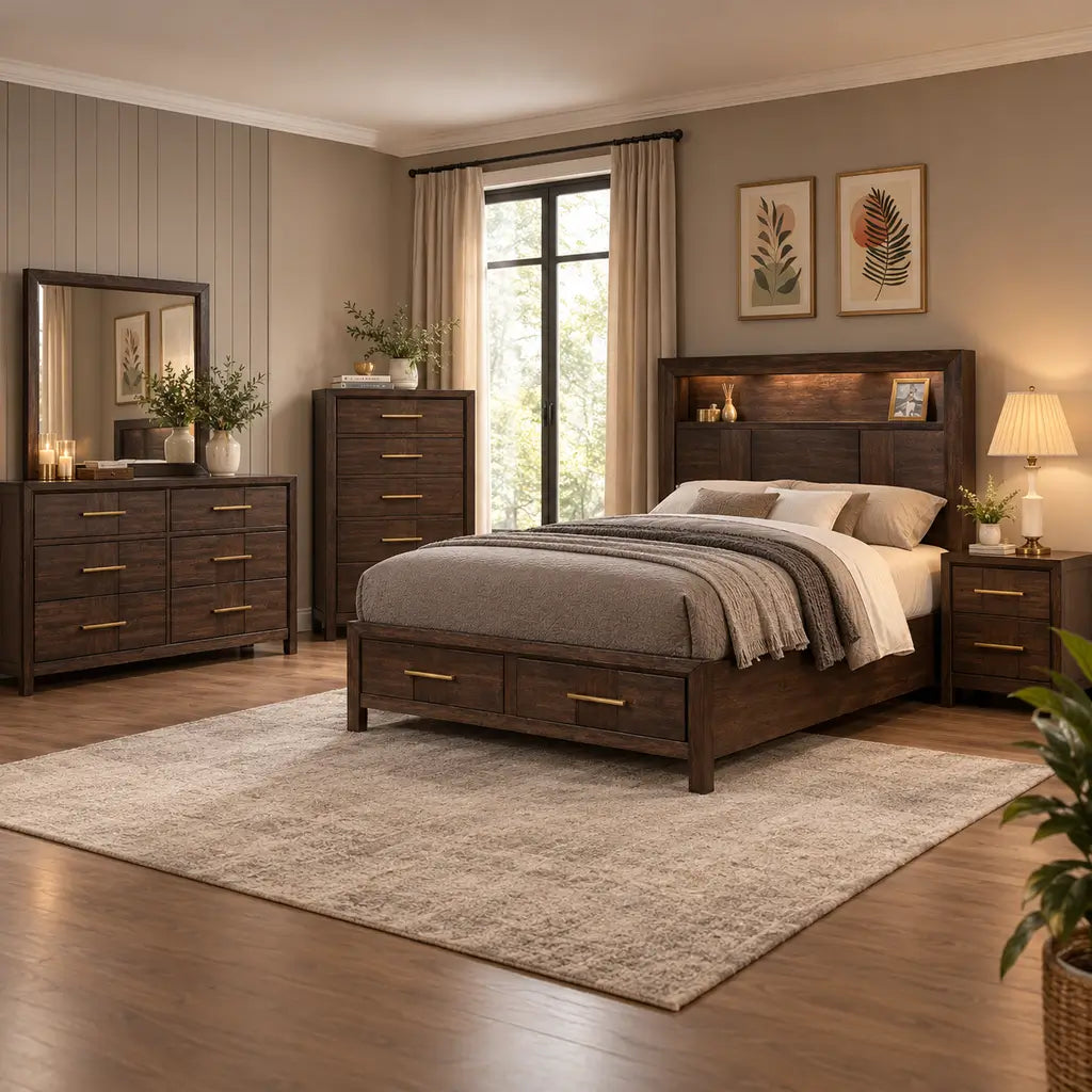 Modern Kenzo walnut wood bedroom set featuring an LED headboard, built-in speaker, matching dresser, mirror, chest, and nightstand