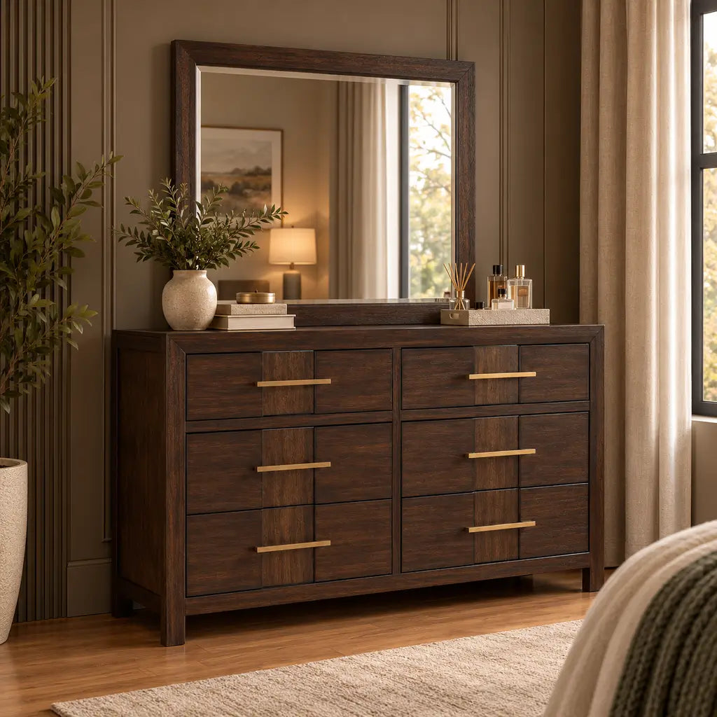 Walnut wood 6-drawer double dresser paired with a matching rectangular wall mirror