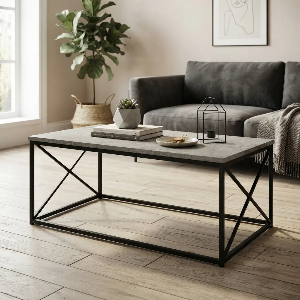 Black metal X shaped side base frame detail on wood look coffee table