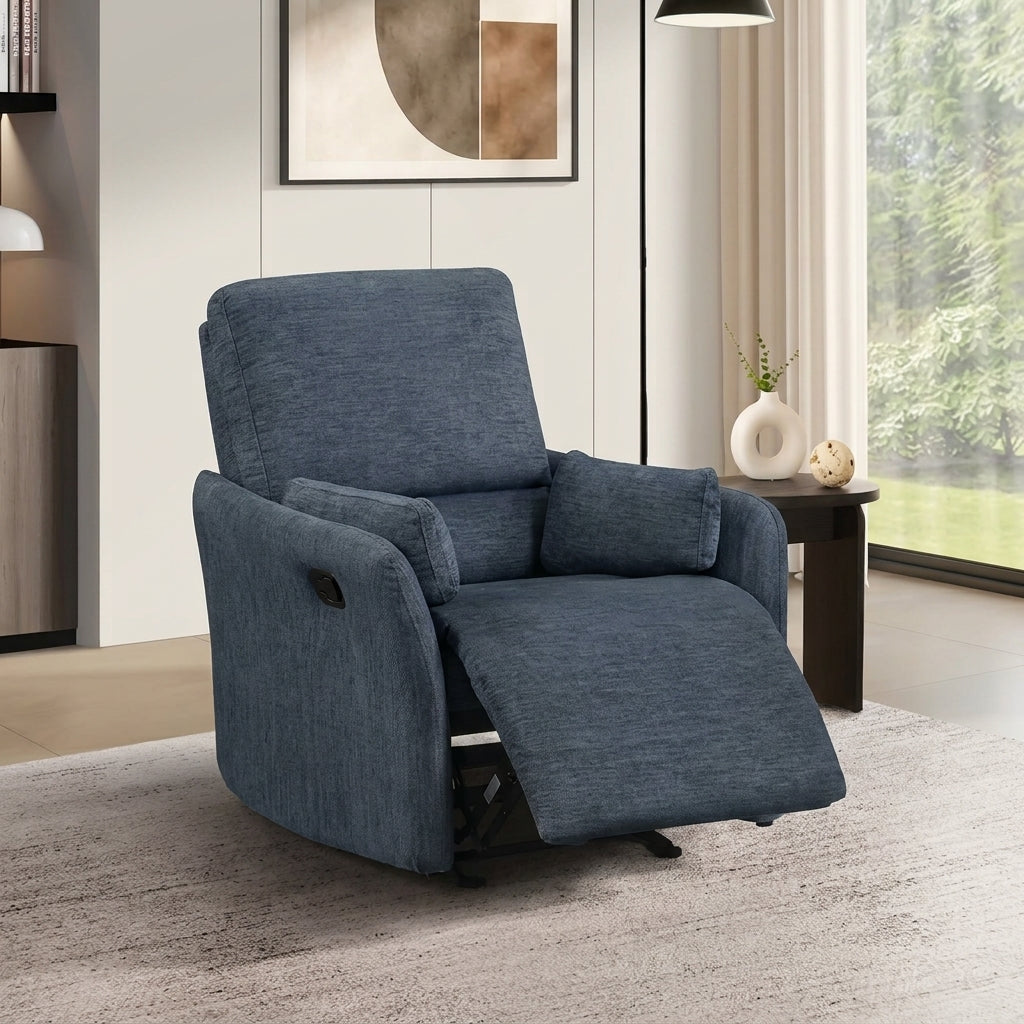 Compact indigo blue fabric recliner chair styled in modern living room next to side table
