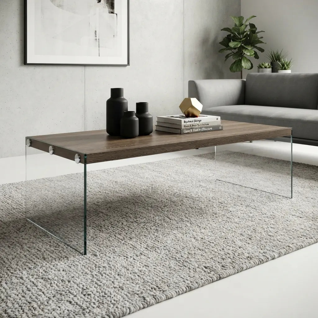 44 inch warm brown laminate coffee table with tempered glass side panels