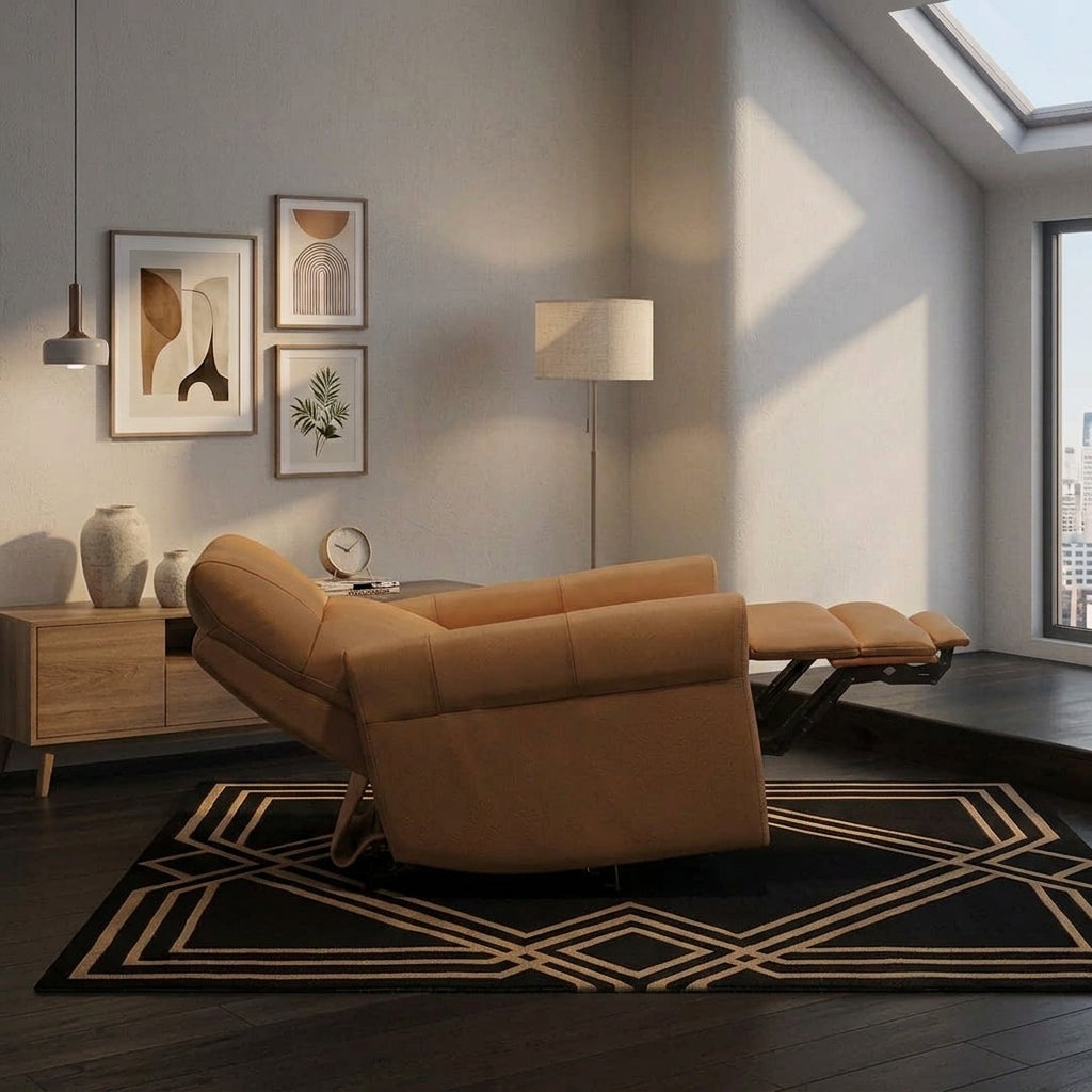Tan caramel brown dual power recliner chair with footrest extended on patterned area rug