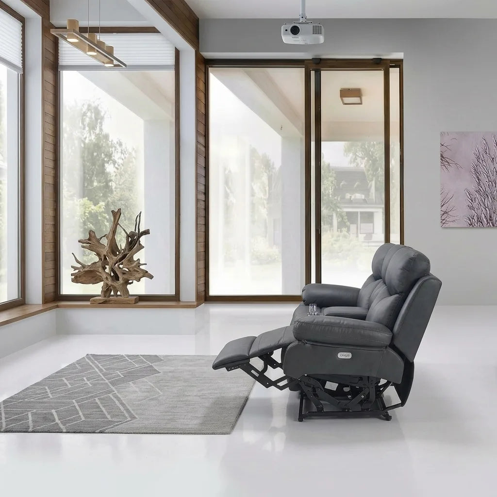 Black genuine leather power recliner armchair in extended reclining position