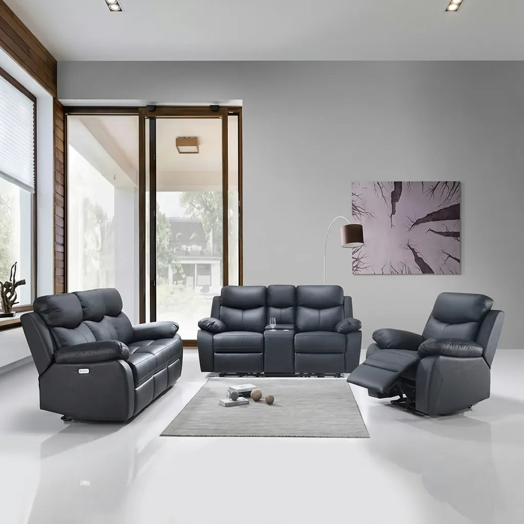 3 piece black genuine leather power recliner sofa set in living room