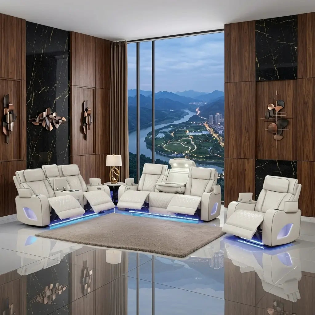 Leather power recliner armchair with footrest extended in home