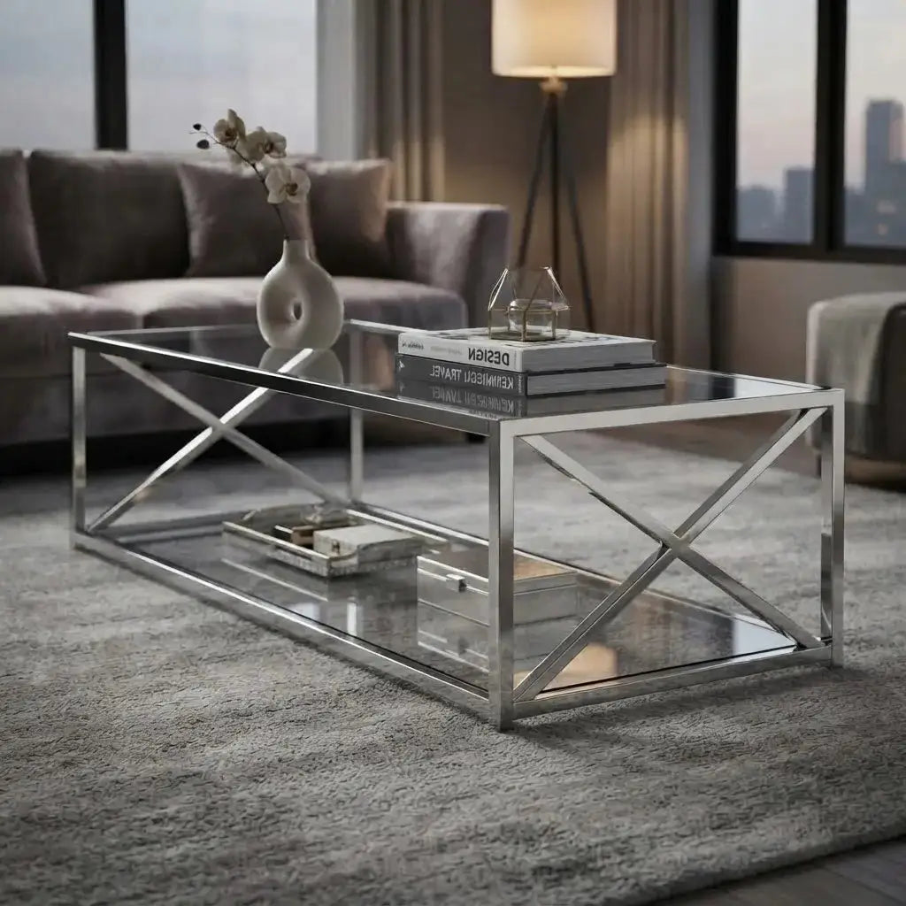 44 inch clear tempered glass coffee table with polished chrome X-frame base