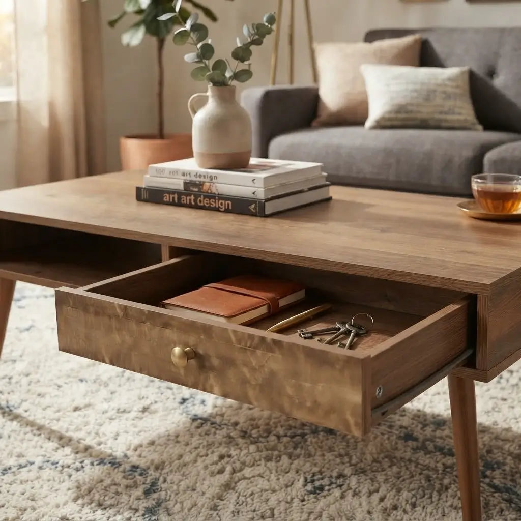 Mid century walnut rectangular coffee table with tapered solid wood legs and gold accent hardware
