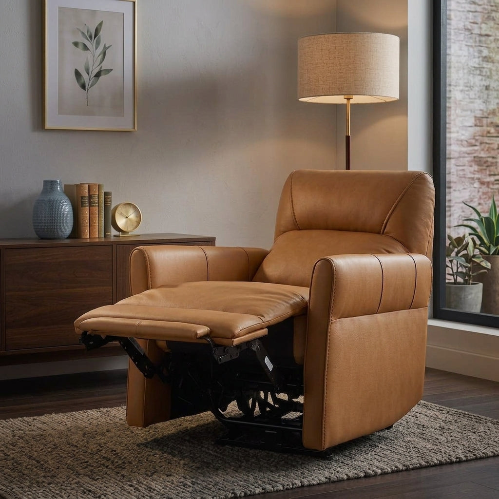 Caramel brown leather power recliner with powered headrest next to side table and cloc