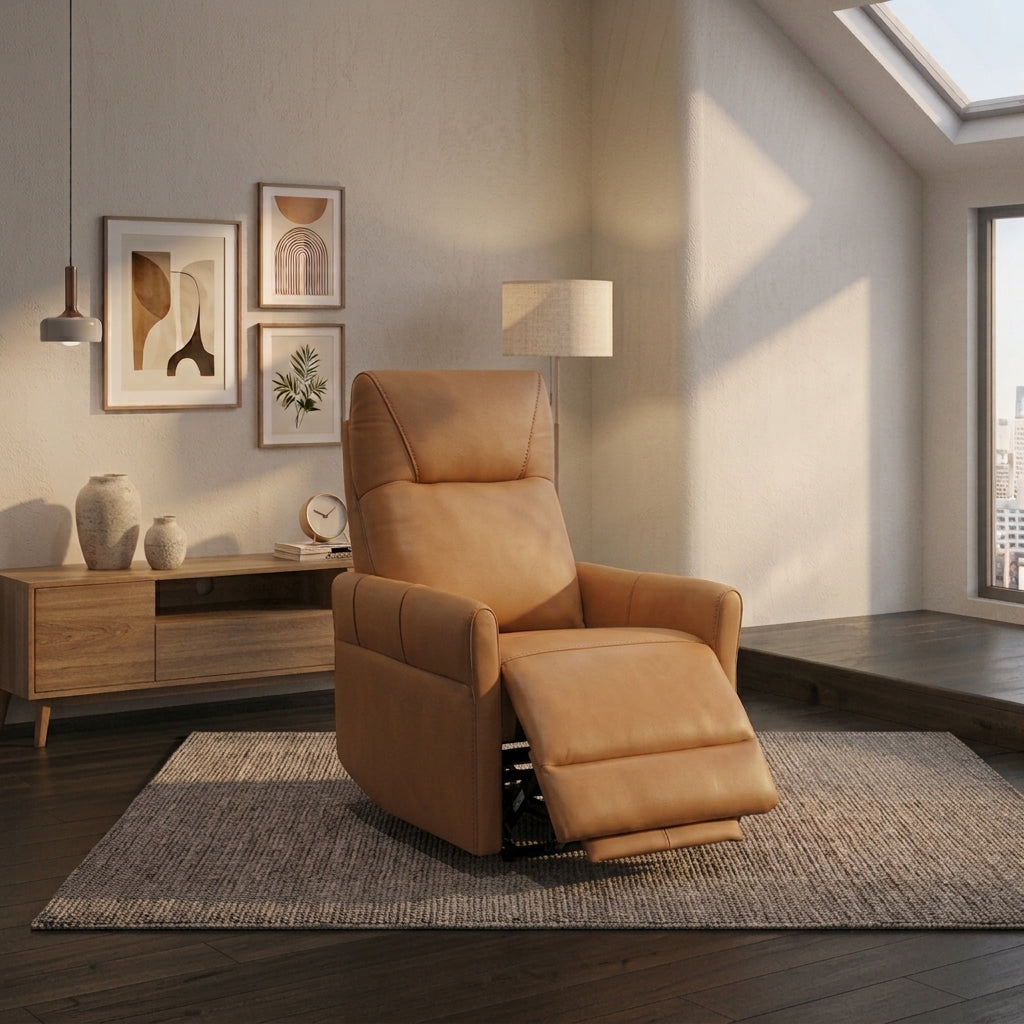 Caramel brown top grain leather match dual power recliner chair in reclined position in modern living room