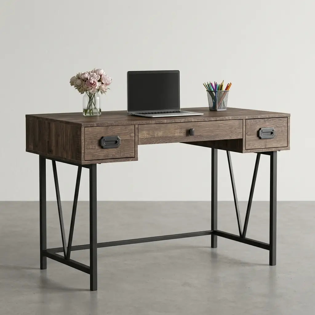Rustic brown computer desk with spacious tabletop, retro black metal pulls on the side drawers, and black leather pull on the middle drawer