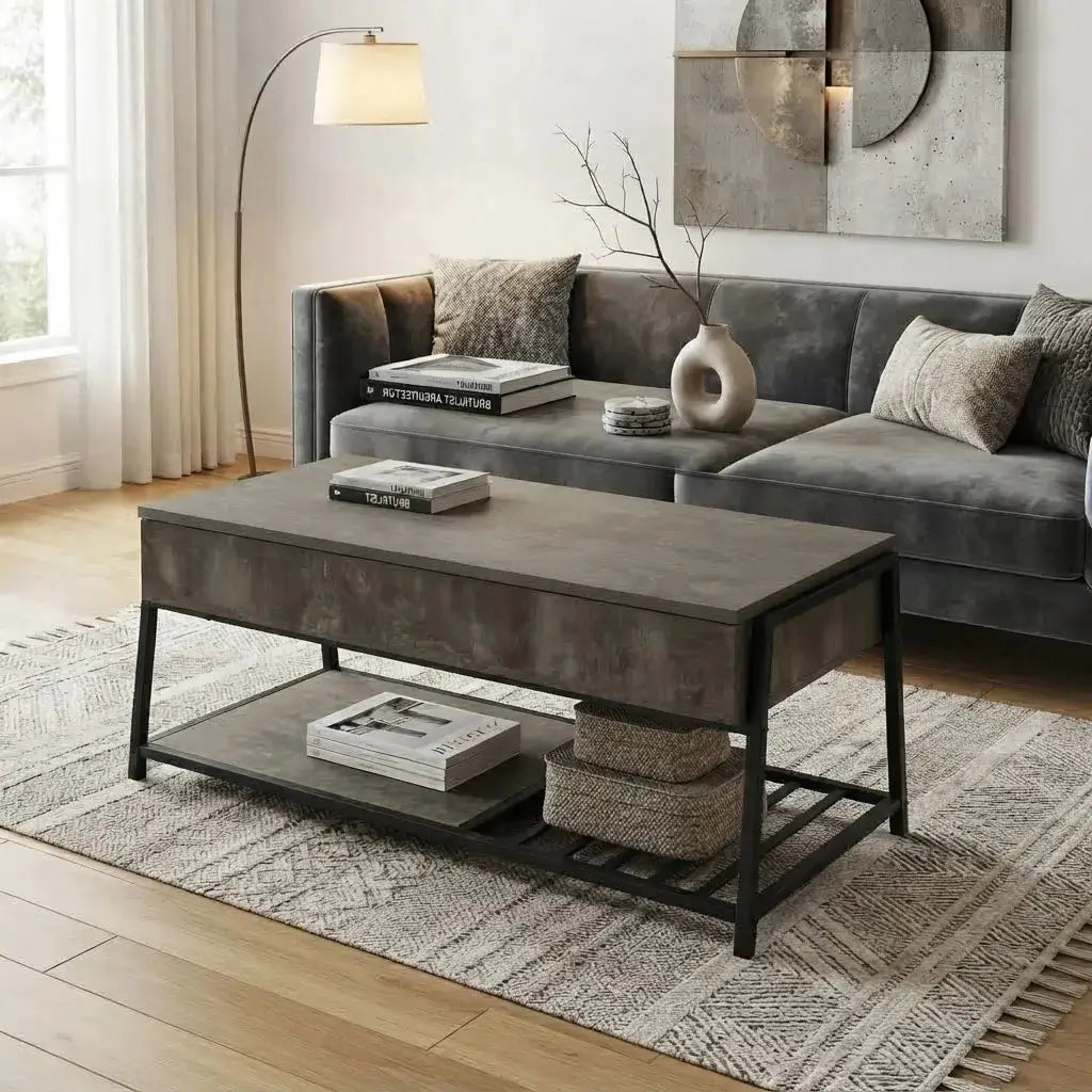 42 inch black lift top coffee table with dark bronze laminate top in modern living room