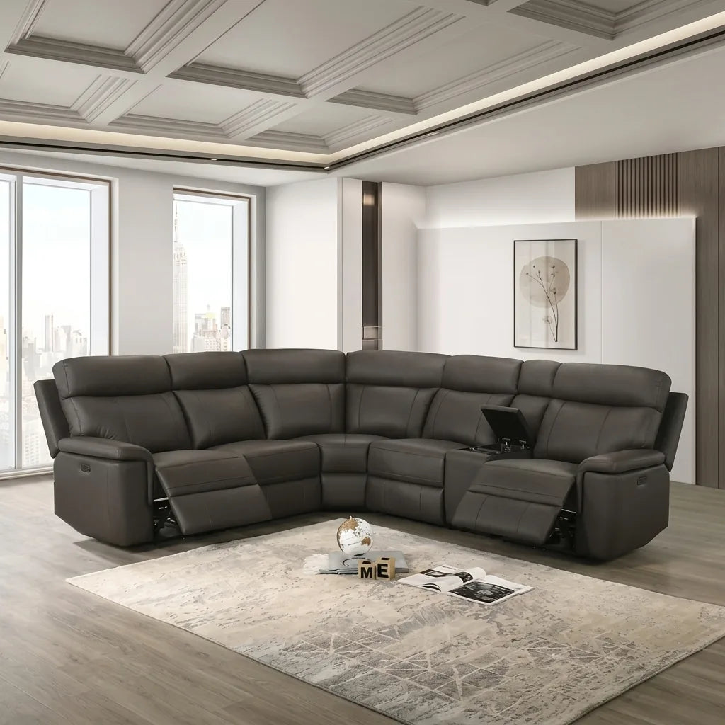 Chocolate brown leather power reclining sectional sofa set