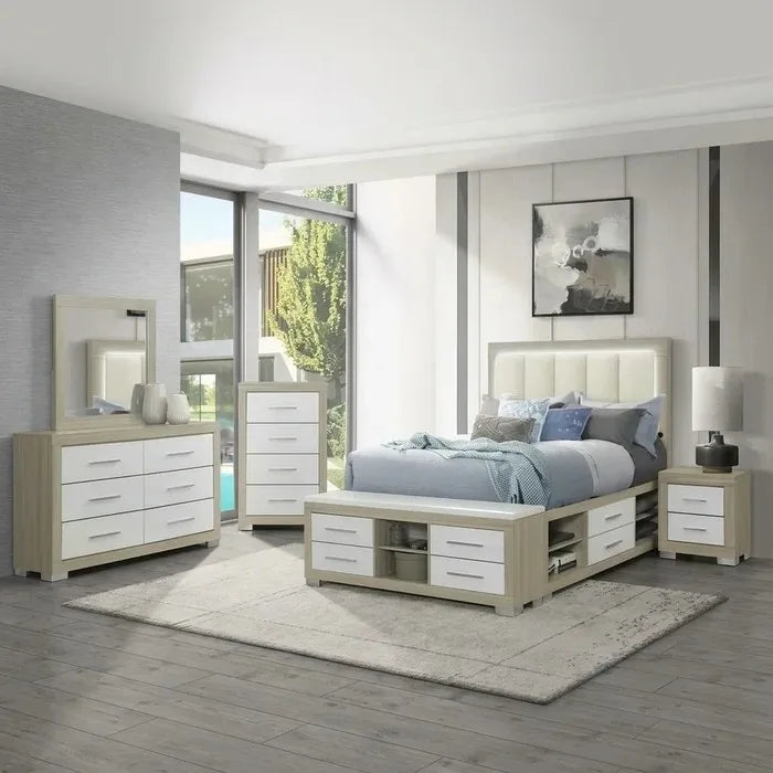 Natural white light oak 8-drawer storage bed with LED illuminated headboard in full MI-EMM bedroom set
