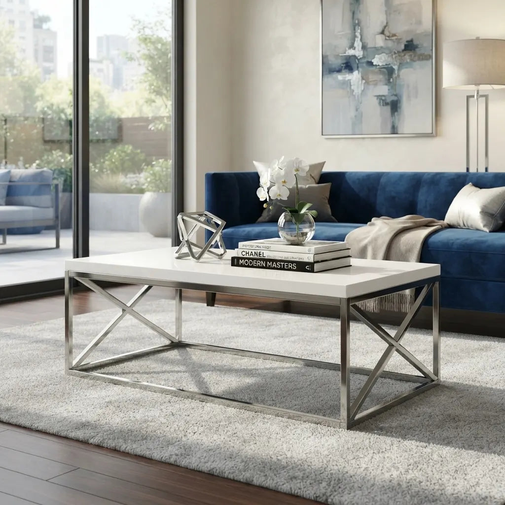 44 inch glossy white rectangular coffee table with chrome criss-cross metal legs
