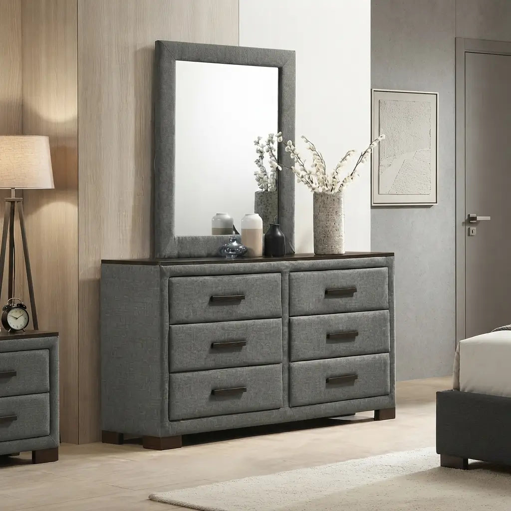 Dark grey fabric 6-drawer double dresser with brown wood handles and matching wall mirror