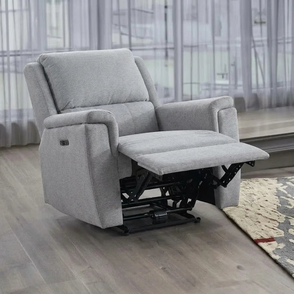 Soft grey leather power recliner with footrest extended