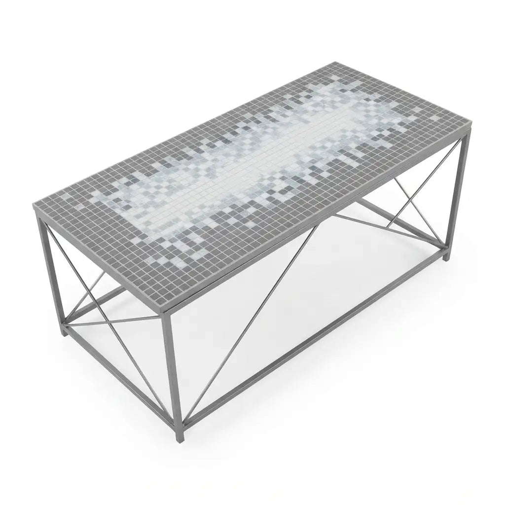 42 inch grey terracotta mosaic tile coffee table with dark metal base
