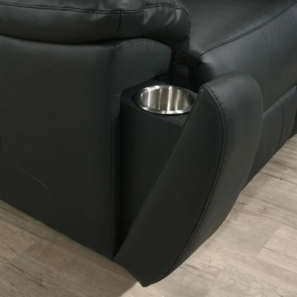 Side view of soft black leather power recliner chair