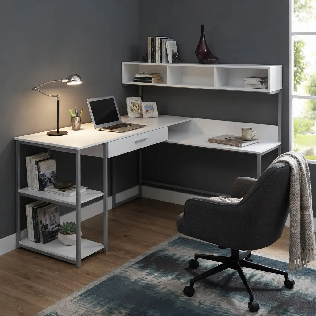 Modern L-shape office desk with hutch, shelves, and storage drawer