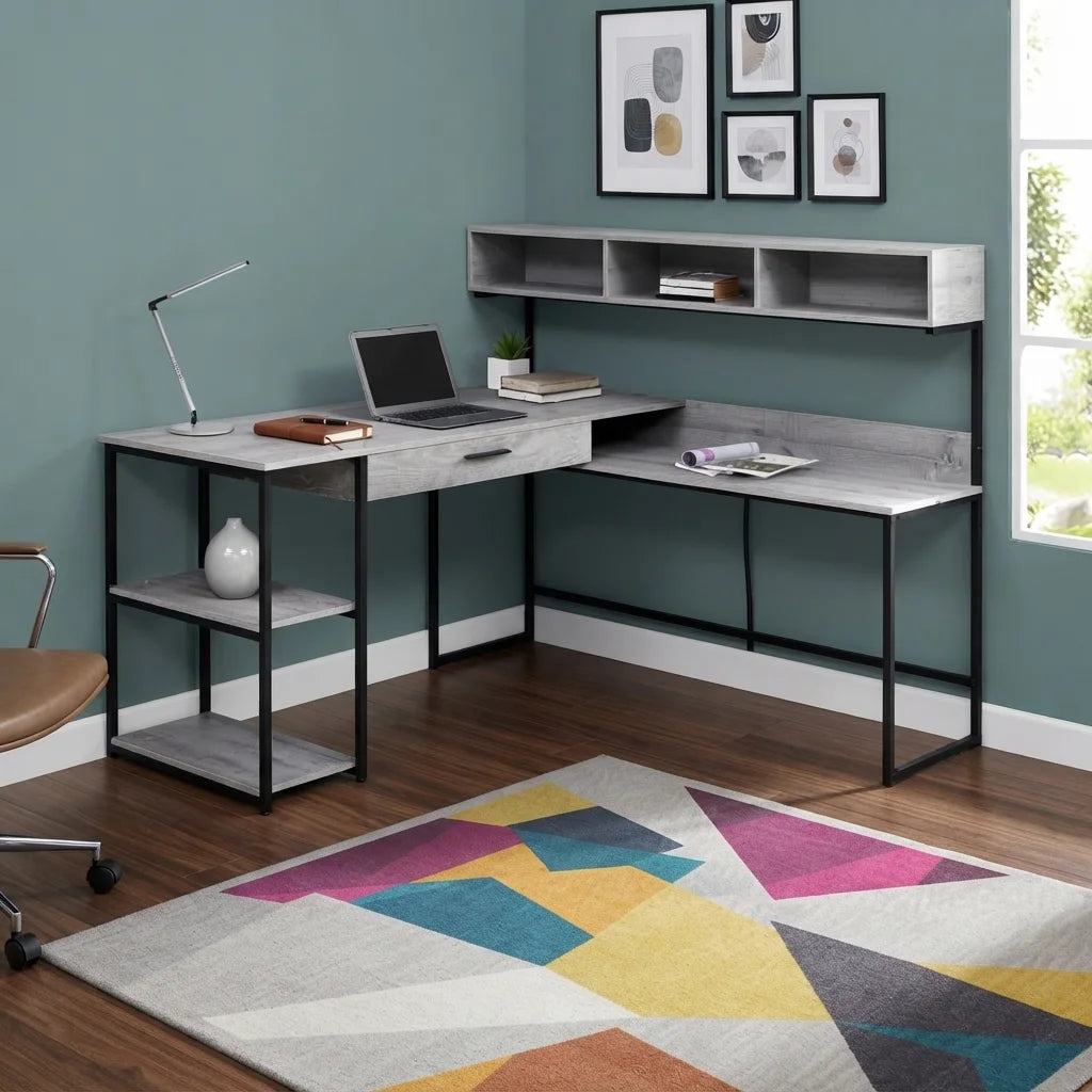 L-Shape Corner Computer Desk with hutch and open shelves
