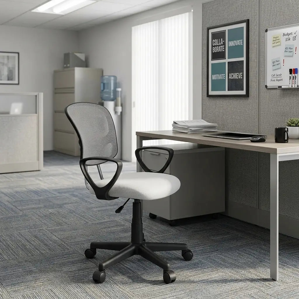 Kids grey mesh office chair with padded seat and rolling base