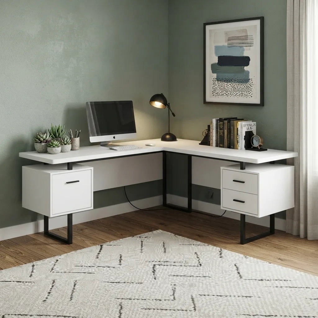 71 inch white L shaped home office computer desk with metal frame