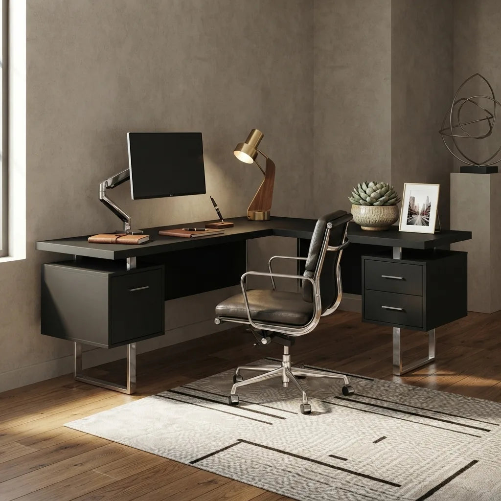71 inch dark taupe L shaped corner executive computer desk