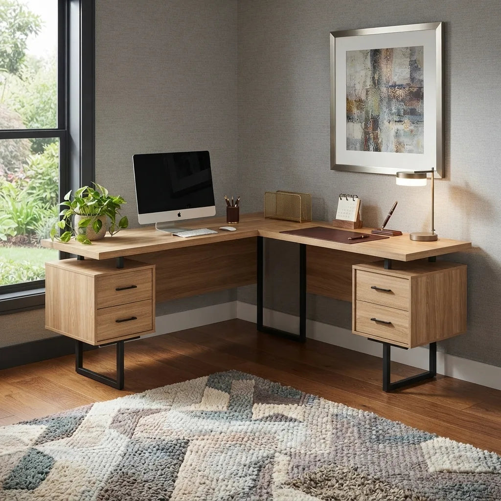 Modern grey wood look corner computer desk with silver metal legs