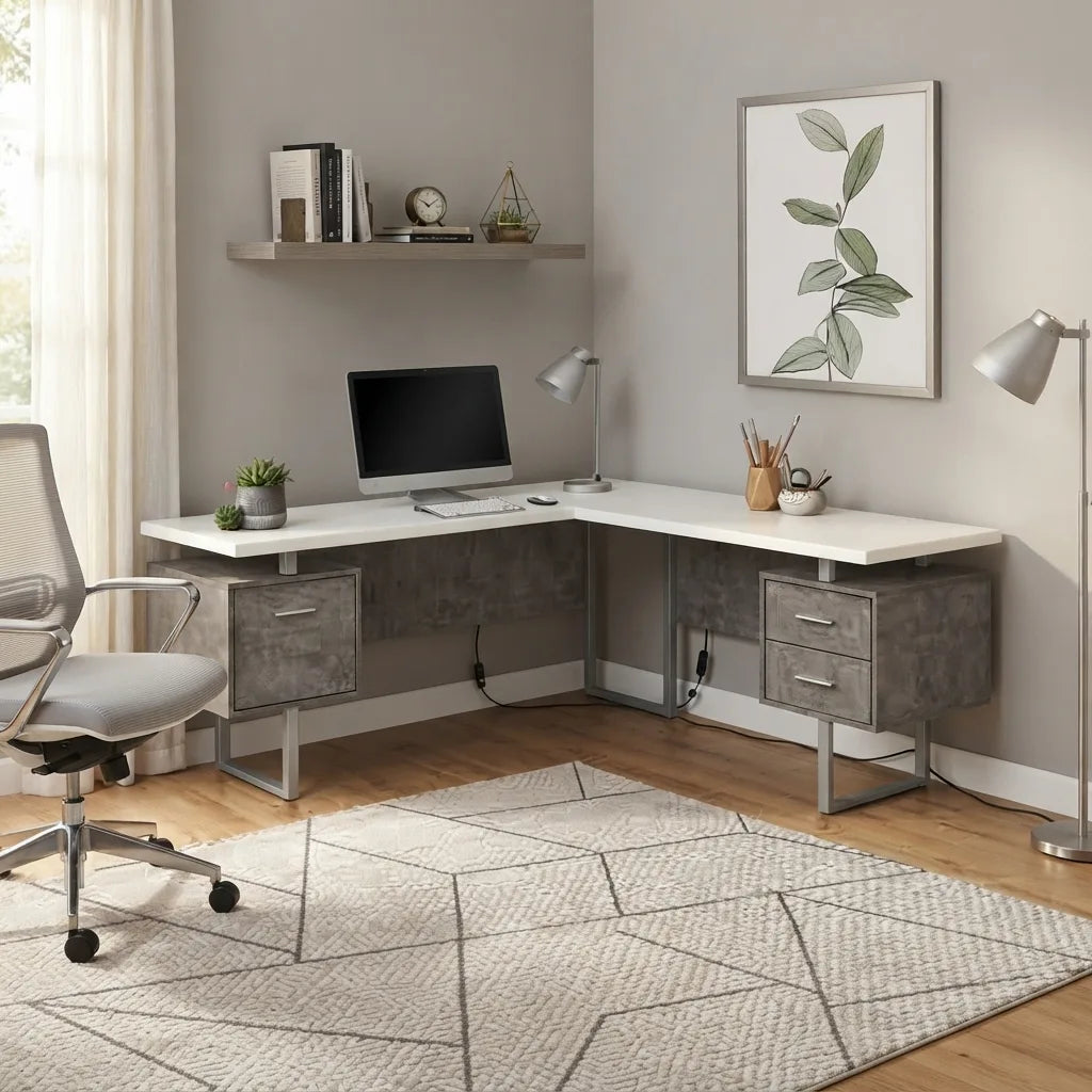 Modern L shaped executive computer desk with office chair and storage drawers