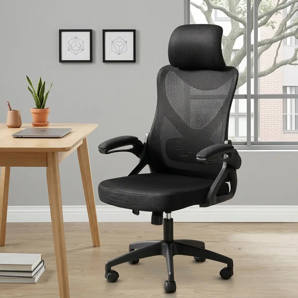 black mesh executive high back office chair with adjustable headrest, flip-up armrests and black metal base