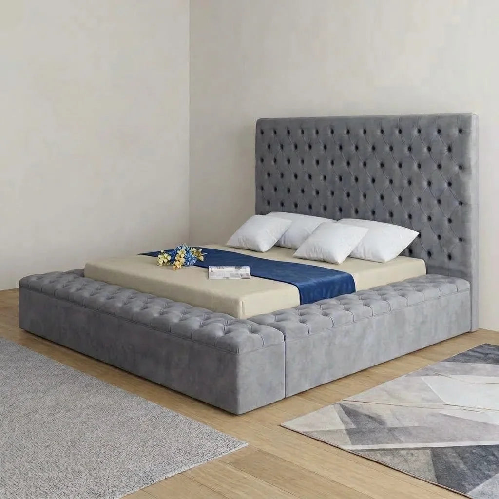 Grey diamond tufted velvet storage bed frame with wide upholstered surround