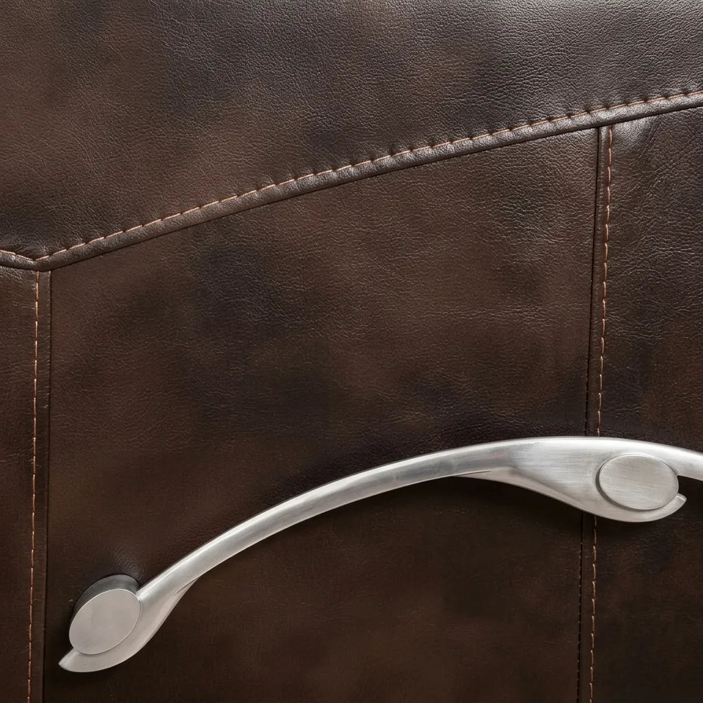 Contrast stitching and manual handle on brown leather recliner