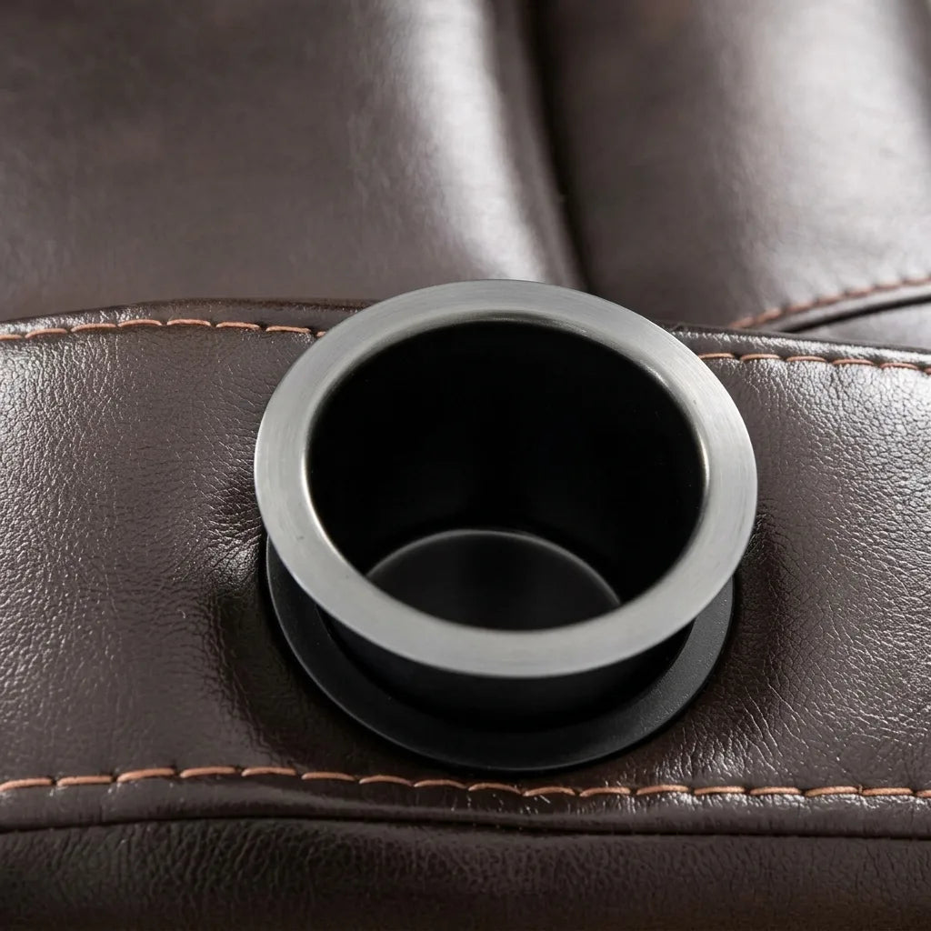 Integrated cup holder in brown recliner chair armrest