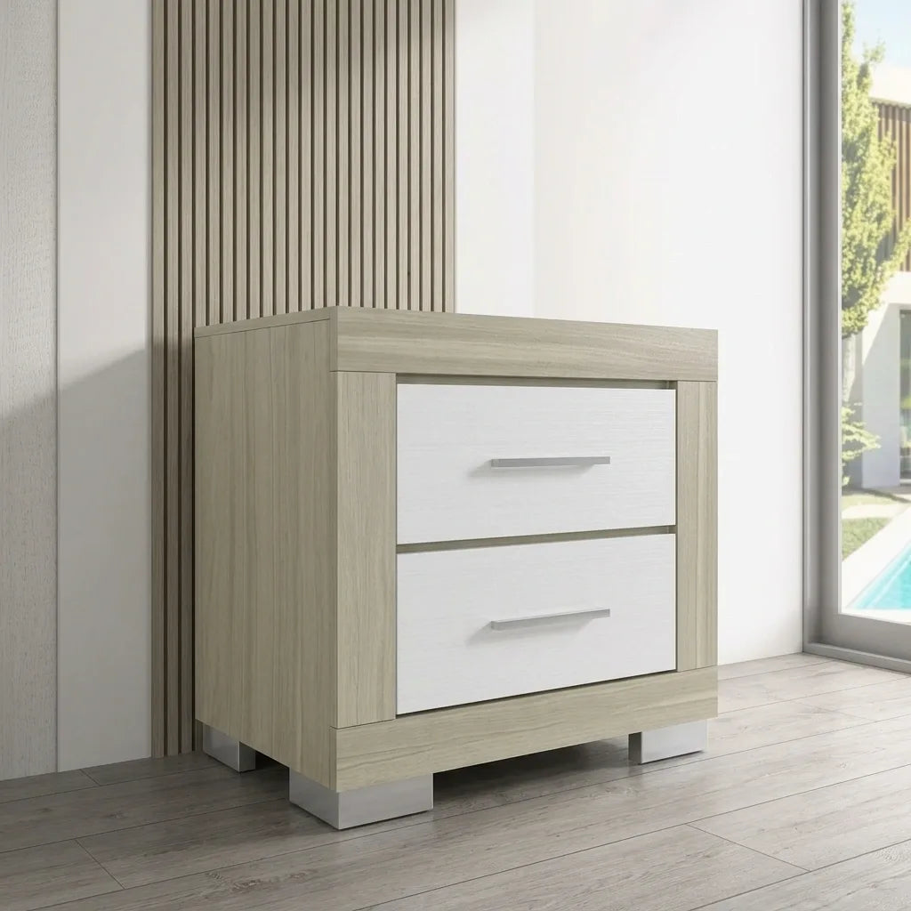 Light oak 2-drawer bedside nightstand featuring white drawer fronts and metal handles
