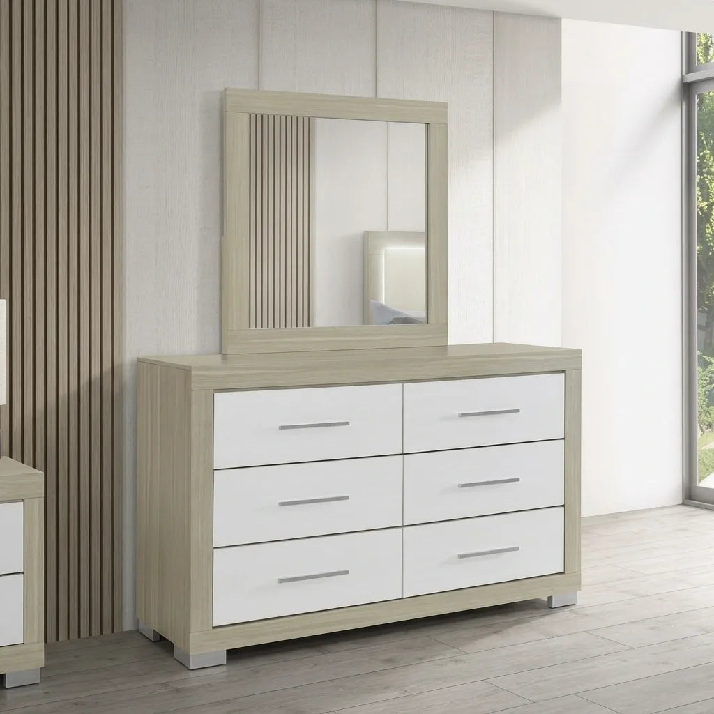 Modern light oak 6-drawer dresser with white drawer fronts, horizontal pulls, chrome legs, and matching mirror