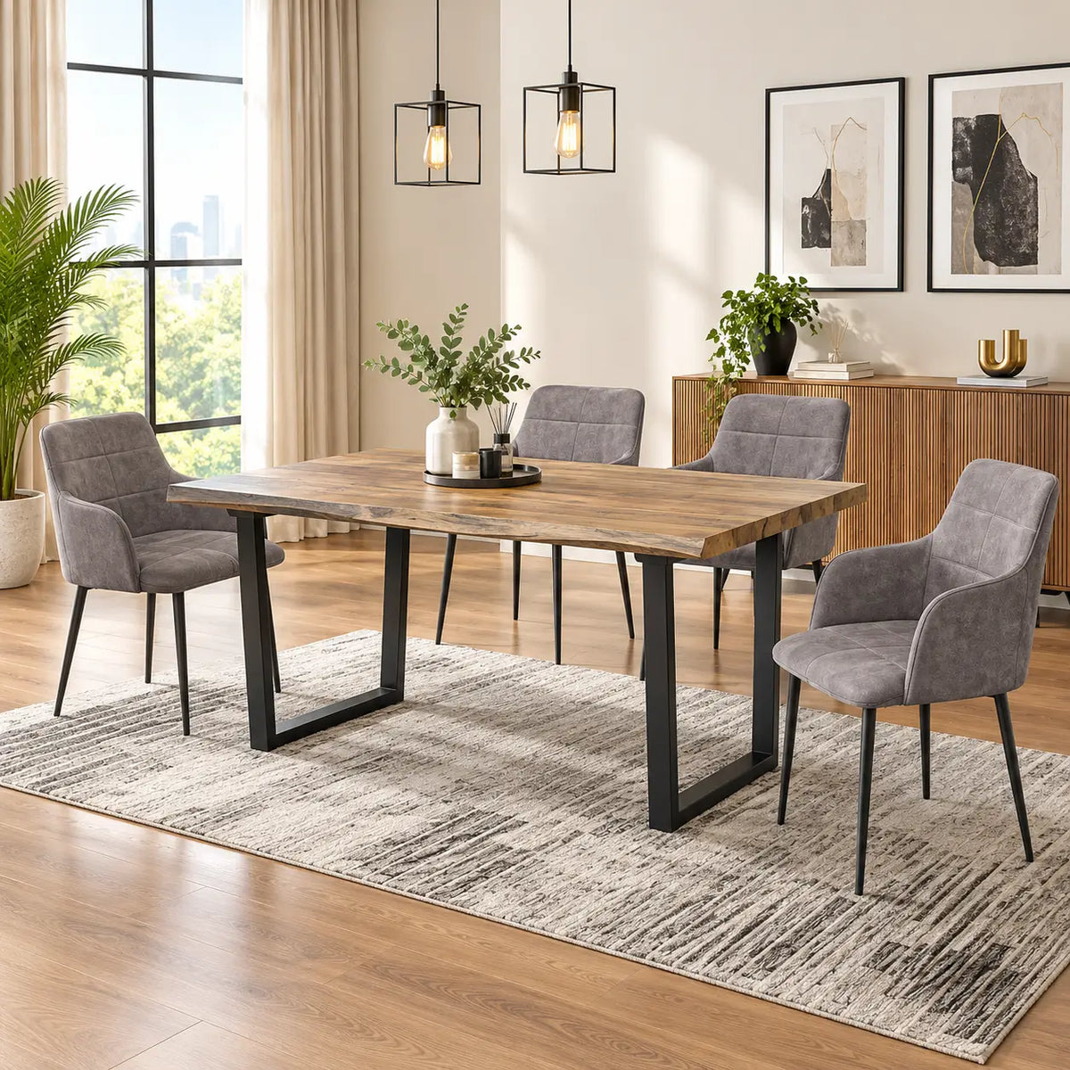7-Piece Modern Dining Set featuring a rectangular wood-finish table and matching slat-back chairs in a contemporary dining space
