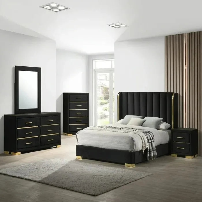 Black velvet vertical channel tufted platform bed with gold metal trim in Madison 100 bedroom set