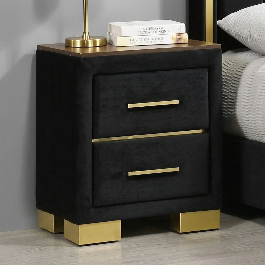 Black velvet 2-drawer nightstand with polished gold feet and handles from Madison 100 set