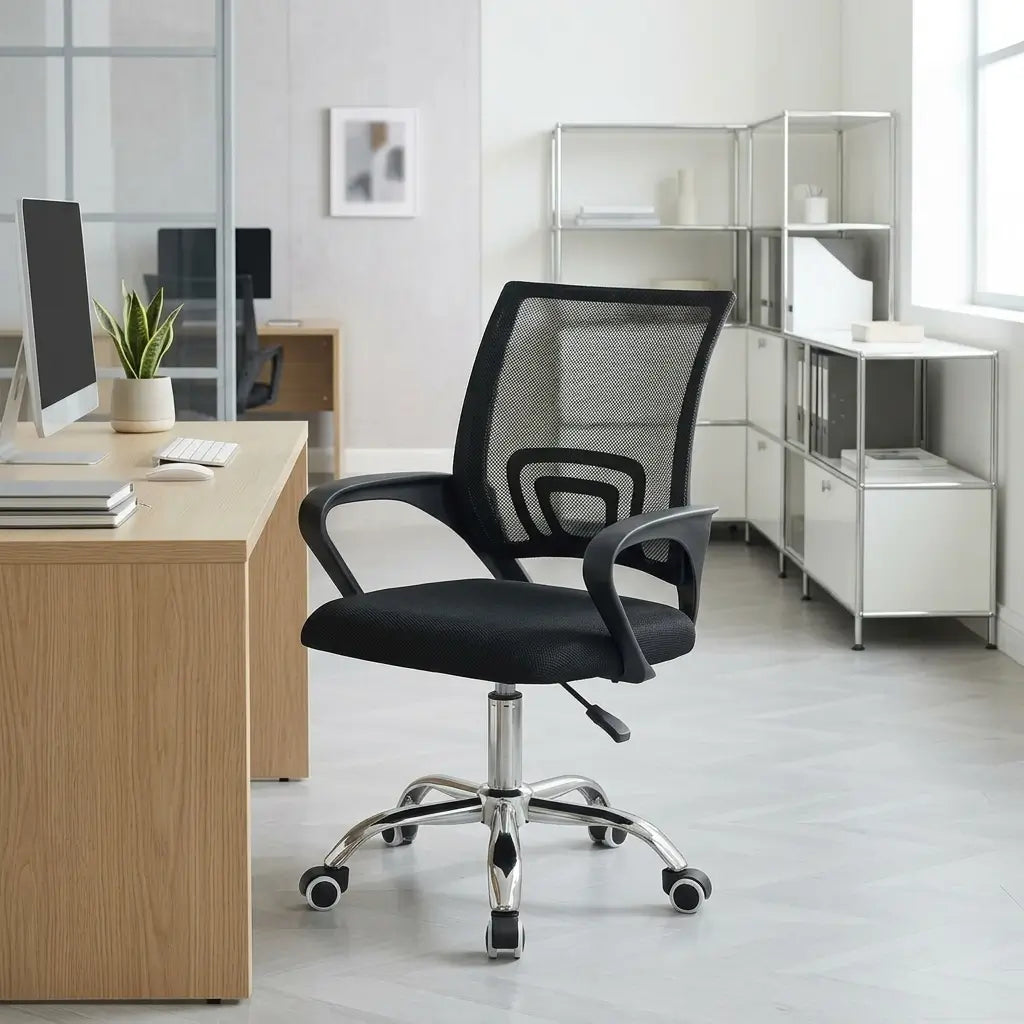 Breathable mesh back office chair with butterfly seat plate, fixed lumbar support, and chrome legs