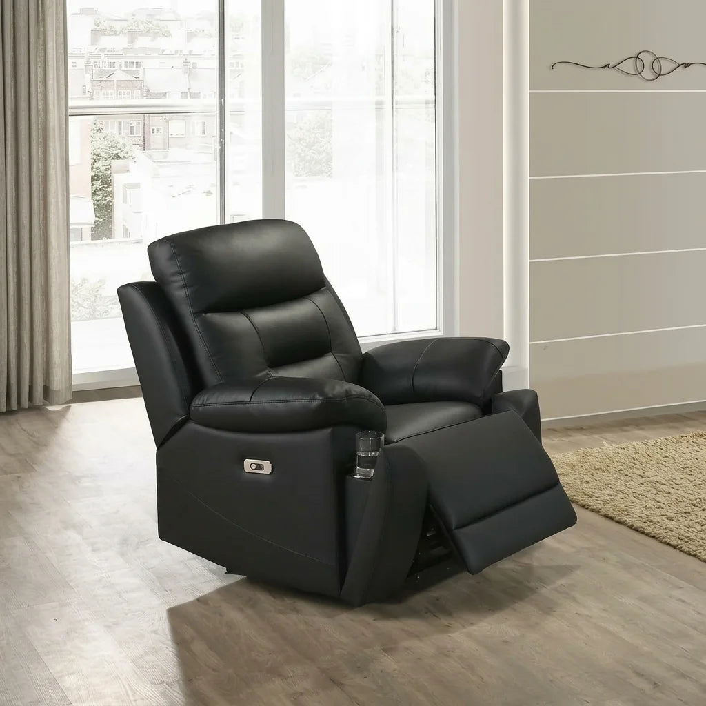 Soft black leather power recliner with footrest extended