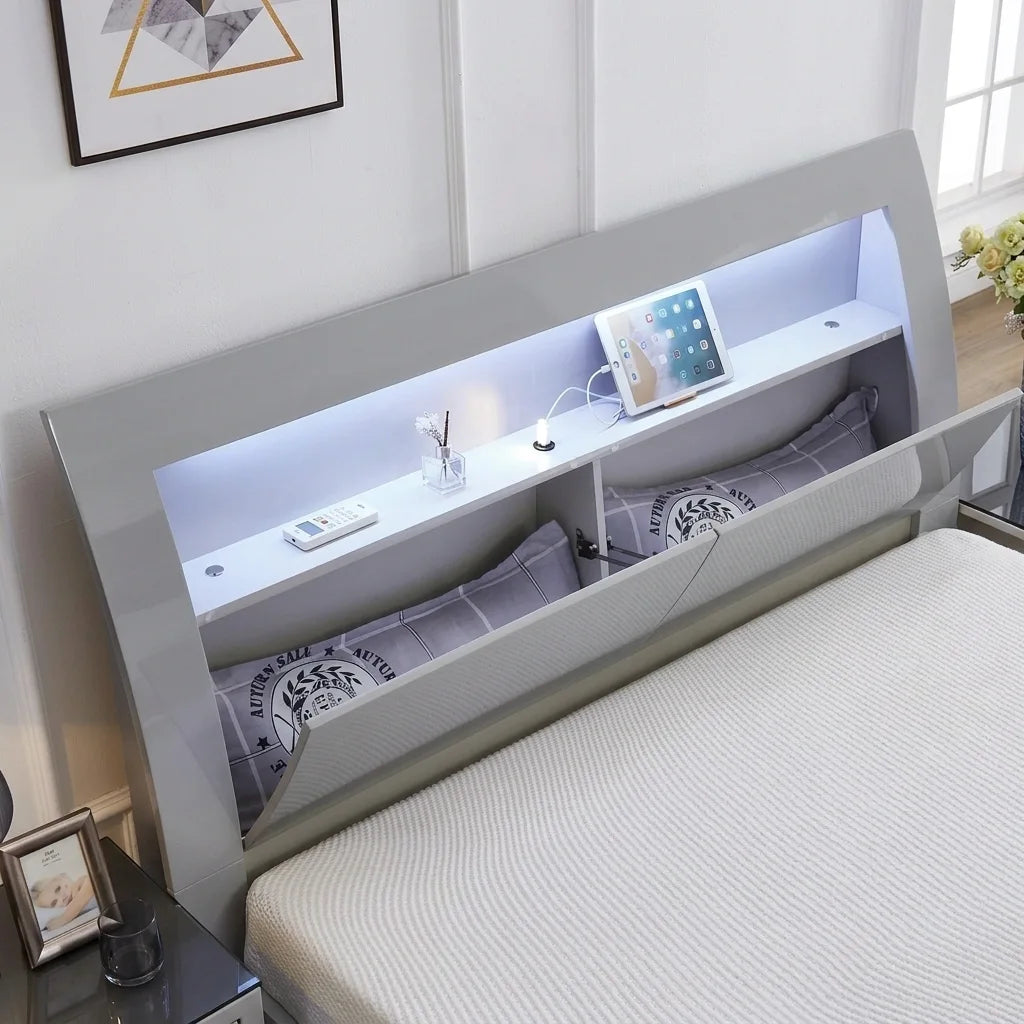 Modern dove grey hydraulic lift-up platform bed with opened 4-compartment under-bed storage