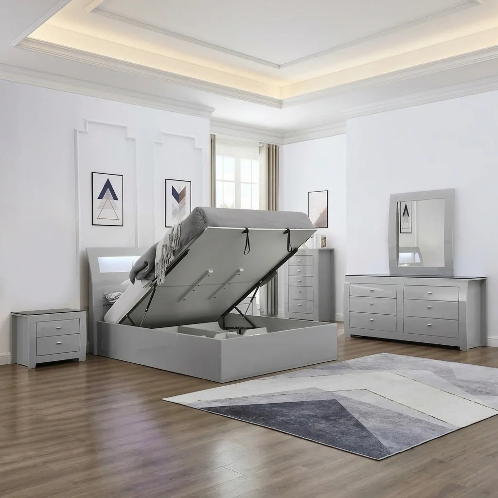 Dove grey high gloss headboard featuring hidden drop-down shelf storage, integrated LED lighting, and USB charging ports