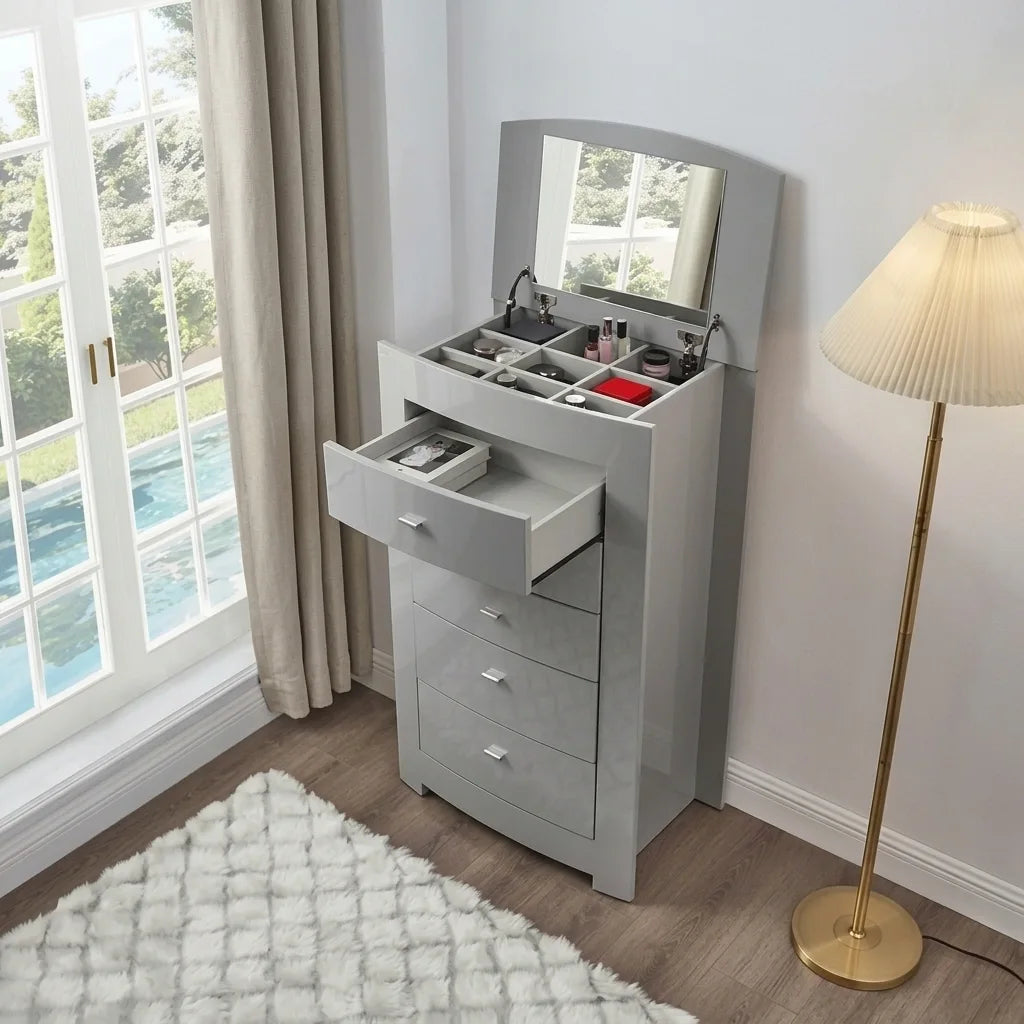 Dove grey vanity chest of drawers with flip-top mirror, upper jewelry organizer, and storage drawers
